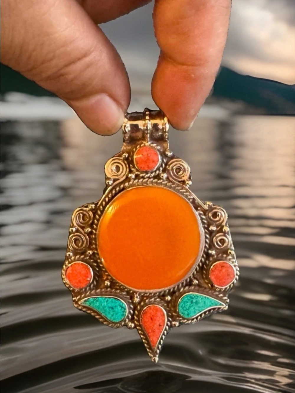 Handcrafted Ethnic Tibetan Amber Resin & Stones Pendant Set In Silver,3”in,30gr